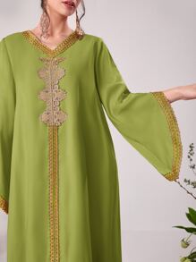 Al Najma Contrast Trim Ruffle Hem Kaftan - Lime Green - View 6