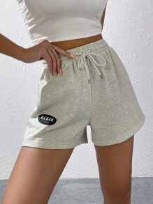 SHEIN EZwear Quần đùi nữ Dây kéo Đắp vá Lá thư Giải trí - Màu Xám nhạt - Xem 1