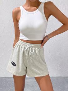 SHEIN EZwear Quần đùi nữ Dây kéo Đắp vá Lá thư Giải trí - Màu Xám nhạt - Xem 4