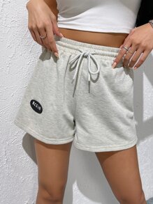 SHEIN EZwear Quần đùi nữ Dây kéo Đắp vá Lá thư Giải trí - Màu Xám nhạt - Xem 5