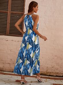 SHEIN VCAY Plants Print Tie Front Split Thigh Halter Dress - Multicolor - View 2