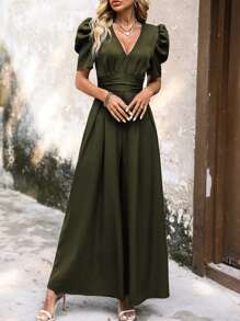 SHEIN LUNE Puff Sleeve Wide Leg Jumpsuit - Army Green - View 4
