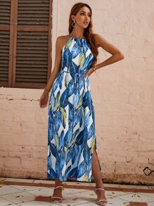 SHEIN VCAY Plants Print Tie Front Split Thigh Halter Dress - Multicolor - View 4