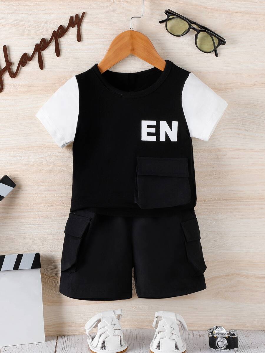 Baby Letter Graphic Colourblock Flap Pocket Tee & Shorts - Black and White - View 1