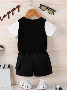 Baby Letter Graphic Colourblock Flap Pocket Tee & Shorts - Black and White - View 2