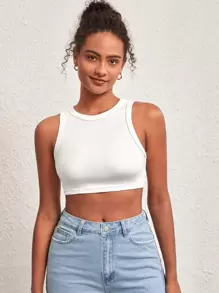 SHEIN BASICS Top De Tanque Recortado Acanalado Sólido - Blanco - Ver 1