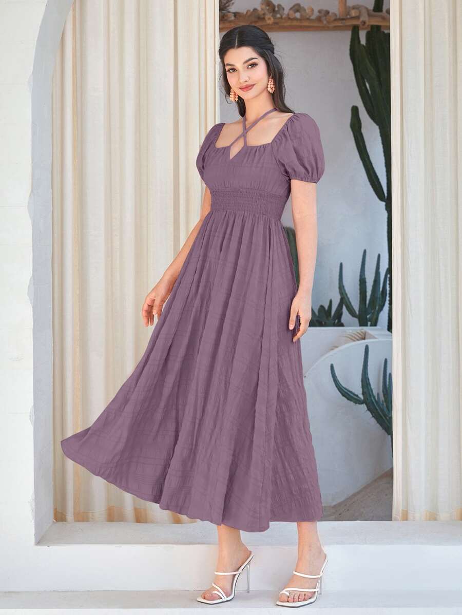 Mulvari 素色交叉後綁帶泡泡袖A字洋裝 - 紫色 - 查看 1