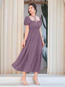 Mulvari 素色交叉後綁帶泡泡袖A字洋裝 - 紫色 - 查看 3