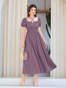 Mulvari 素色交叉後綁帶泡泡袖A字洋裝 - 紫色 - 查看 4