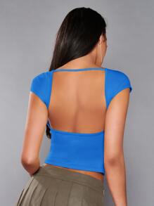 SHEIN BAE Solid Cap Sleeve Crop Tee - Blue - View 6