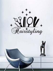 1pc PVC Wall Sticker, Modern Hair Salon Pattern Wall Sticker For Barber Shop - Black - View 5