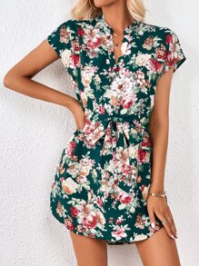 SHEIN Clasi 印花缺口領繫腰帶連衣裙 - 彩色 - 查看 6