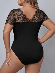 SHEIN Clasi 大碼蕾絲拼接修身連體衣 - 黑色 - 查看 3