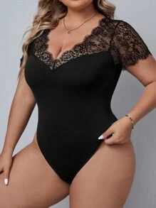 SHEIN Clasi 大碼蕾絲拼接修身連體衣 - 黑色 - 查看 4