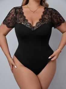 SHEIN Clasi 大碼蕾絲拼接修身連體衣 - 黑色 - 查看 5