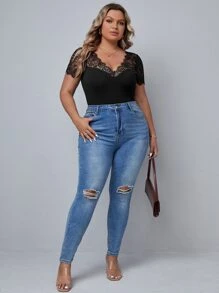 SHEIN Clasi 大碼蕾絲拼接修身連體衣 - 黑色 - 查看 6