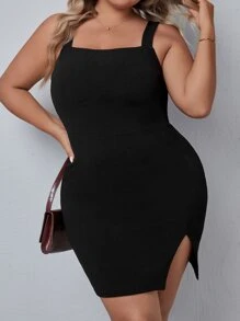 SHEIN Essnce Plus Split Hem Cami Bodycon Dress - Black - View 5