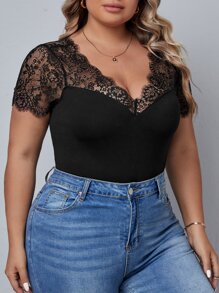 SHEIN Clasi 大碼蕾絲拼接修身連體衣 - 黑色 - 查看 1