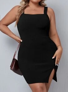 SHEIN Essnce Plus Split Hem Cami Bodycon Dress - Black - View 6