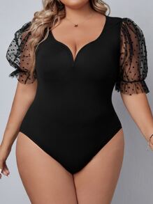 SHEIN Privé Plus Contrast Mesh Puff Sleeve Sweetheart Neckline Bodysuit For Summer - Black - View 1