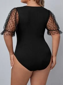 SHEIN Privé Plus Contrast Mesh Puff Sleeve Sweetheart Neckline Bodysuit For Summer - Black - View 3