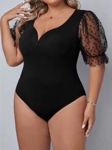 SHEIN Privé Plus Contrast Mesh Puff Sleeve Sweetheart Neckline Bodysuit For Summer - Black - View 5
