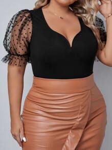 SHEIN Privé Plus Contrast Mesh Puff Sleeve Sweetheart Neckline Bodysuit For Summer - Black - View 6