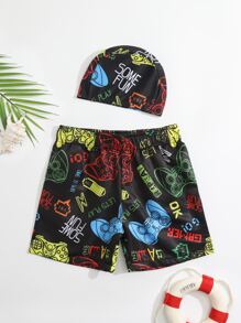 Toddler Boys Gamepad Print Swim Shorts With Cap - Multicolor - View 1