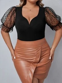 SHEIN Privé Plus Contrast Mesh Puff Sleeve Sweetheart Neckline Bodysuit For Summer - Black - View 2