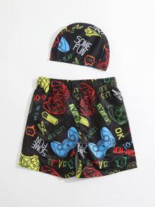 Toddler Boys Gamepad Print Swim Shorts With Cap - Multicolor - View 2