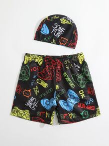 Toddler Boys Gamepad Print Swim Shorts With Cap - Multicolor - View 4