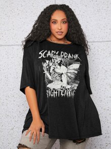 SHEIN CURVE+ Plus Size Letter & Figure Graphic Drop Shoulder Tee - Black - View 5