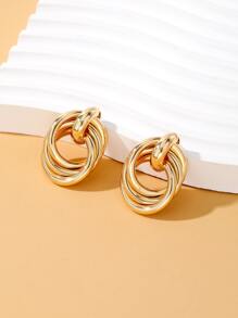 Circle Decor Stud Earrings - Yellow Gold - View 1