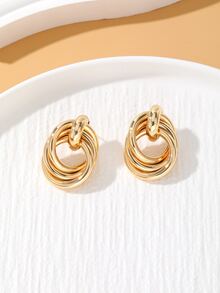 Circle Decor Stud Earrings - Yellow Gold - View 2