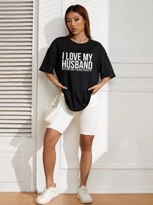 SHEIN EZwear 標語圖案落肩T恤 - 黑色 - 查看 4