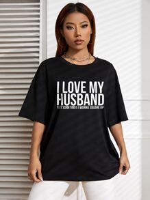 SHEIN EZwear 標語圖案落肩T恤 - 黑色 - 查看 6