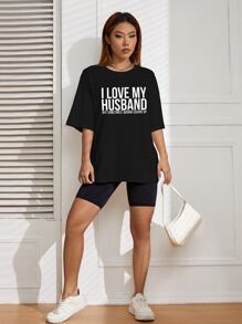 SHEIN EZwear 標語圖案落肩T恤 - 黑色 - 查看 7