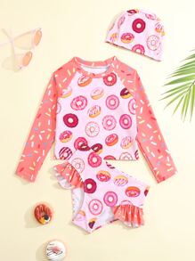 Niña joven Vestido con protección solar con estampado de donas y ribete de volantes y gorra de natación para playa de verano - Multicolor - Ver 1