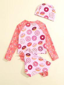 Niña joven Vestido con protección solar con estampado de donas y ribete de volantes y gorra de natación para playa de verano - Multicolor - Ver 2