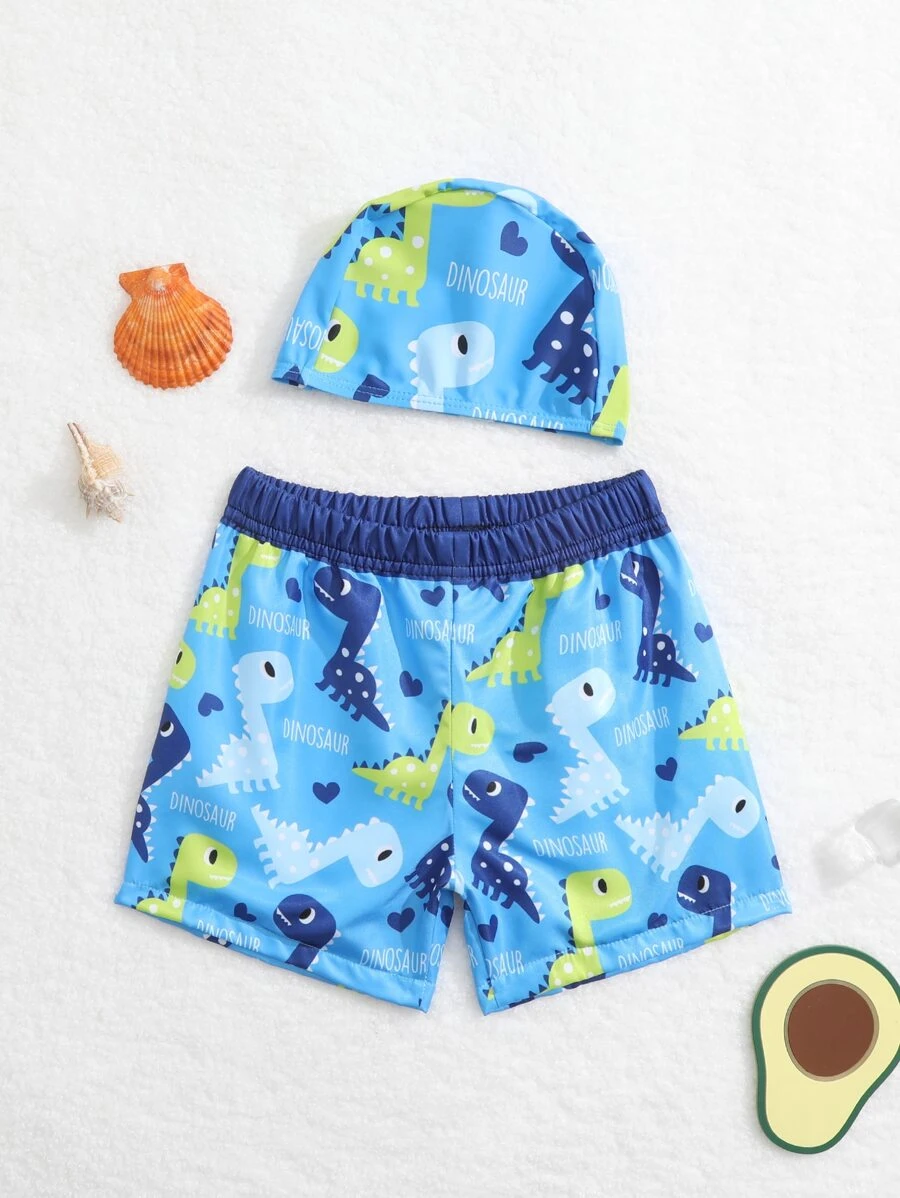 Baby Boy Cartoon Graphic Swim Shorts With Swim Cap - Blue - View 1