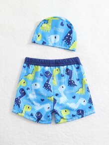 Baby Boy Cartoon Graphic Swim Shorts With Swim Cap - Blue - View 2