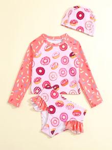 Niña joven Vestido con protección solar con estampado de donas y ribete de volantes y gorra de natación para playa de verano - Multicolor - Ver 5