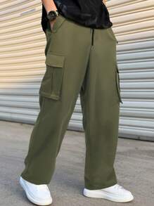 Manfinity Men Flap Pocket Drawstring Waist Cargo Trousers - Army Green - View 1