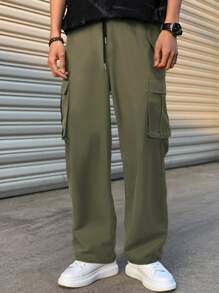 Manfinity Men Flap Pocket Drawstring Waist Cargo Trousers - Army Green - View 4