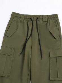 Manfinity Men Flap Pocket Drawstring Waist Cargo Trousers - Army Green - View 5