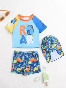 Bebé niño Bañador con estampado de dibujos animados de manga raglán con Gorra - Azul - Ver 1