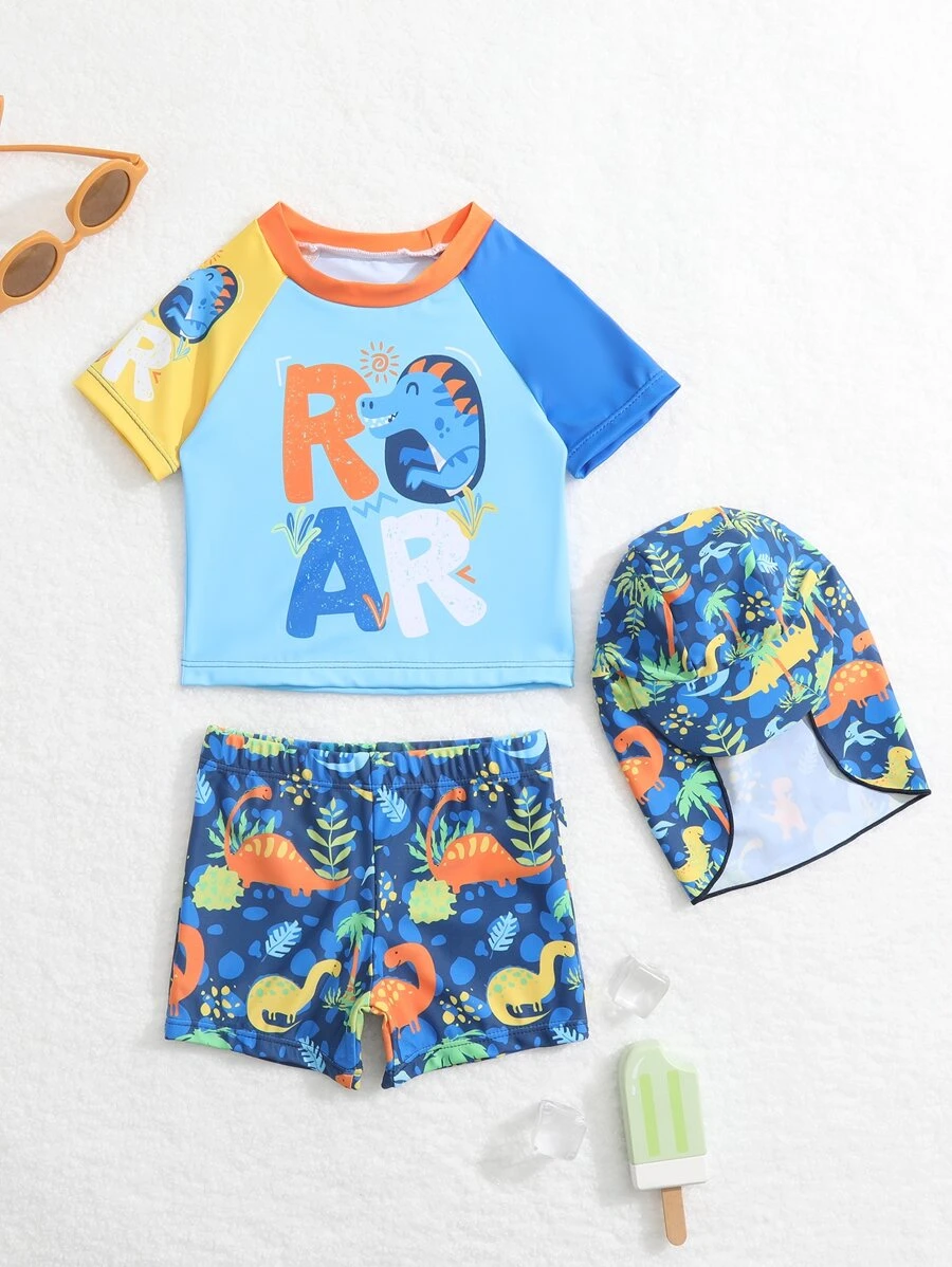 Bebé niño Bañador con estampado de dibujos animados de manga raglán con Gorra - Azul - Ver 1