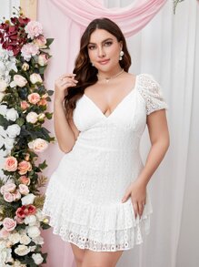 Double Crazy Plus Sweetheart Neck Puff Sleeve Ruffle Hem Dress - White - View 1