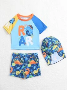 Bebé niño Bañador con estampado de dibujos animados de manga raglán con Gorra - Azul - Ver 4