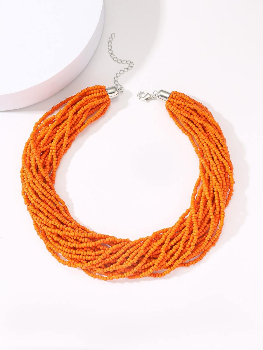 極簡多層串珠項鏈 - 橘色 - 查看 1